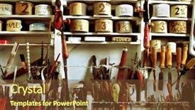  Presentation with handyman - Presentation design enhanced with classic handyman's workshop with vintage hand tools and well-organized tins of nails screws etc background and a tawny brown colored foreground
