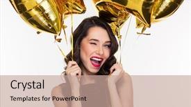  Presentation with golden woman - Theme with classic happy birthday - portrait of flirty attractive winking background and a coral colored foreground