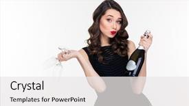  Presentation with two glasses of champagne - Theme having classic happy birthday - pretty playful curly young woman background and a white colored foreground