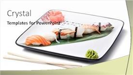  Presentation with japanese food - PPT layouts enhanced with classic japanese food- sushi on a white background and a sky blue colored foreground