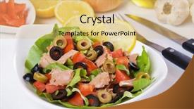  Presentation with tuna - Audience pleasing presentation theme consisting of classic tuna salad with green and black olives lettuce and tomato backdrop and a yellow colored foreground