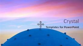  Presentation with church blue - Theme consisting of classic view of blue dome church in santorini perissa village greece background and a light blue colored foreground
