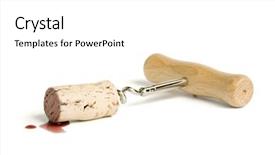 Presentation with corkscrew - Presentation theme having classic wooden corkscrew with cork attached in puddle of red wine isolated on white background and a white colored foreground