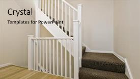  Presentation with rail - Colorful PPT layouts enhanced with classic wooden staircase with brown carpet and white rail backdrop and a soft green colored foreground