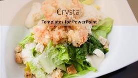  Presentation with classical - Presentation design consisting of classical caesar salad with tempura shrimp on a plate background and a coral colored foreground