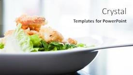  Presentation with classical - Theme having classical caesar salad with tempura shrimp on a plate background and a white colored foreground