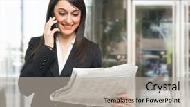  Presentation with classified - PPT theme having classified ads - smiling woman reading a newspaper background and a mint green colored foreground