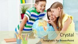  Presentation with classmates - Slide set with classmates at workplace studying globe background and a blonde colored foreground