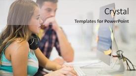  Presentation with classmates - Presentation design featuring classmates doing an assignment together in the computer room in college background and a light gray colored foreground