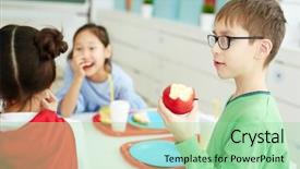  Presentation with school cafeteria - Cool new PPT theme with classmates in elementary school cafeteria backdrop and a mint green colored foreground