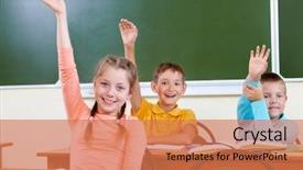  Presentation with classmates - PPT theme consisting of classmates on background raising hands background and a coral colored foreground