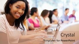  Presentation with students walking to class - Presentation theme with classroom - class of university students using background and a coral colored foreground