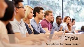  Presentation with university - PPT theme featuring group of senior friends enjoying afternoon tea at home together background and a coral colored foreground.