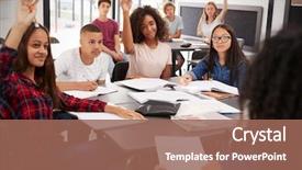  Presentation with high school - PPT layouts featuring classroom - high school kids raise hands background and a coral colored foreground