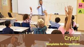  Presentation with elementary school - Beautiful PPT theme featuring classroom - kids raising hands to answer backdrop and a tawny brown colored foreground