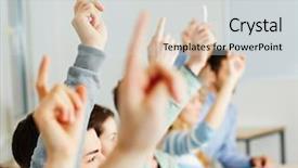  Presentation with class - Colorful slide set enhanced with classroom - many students raising their hands backdrop and a light gray colored foreground