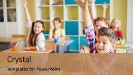  Presentation with classmates - PPT layouts enhanced with classroom - portrait of cute boy raising background and a coral colored foreground