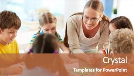  Presentation with teacher - Colorful PPT theme enhanced with classroom - portrait of diligent schoolkids backdrop and a red colored foreground