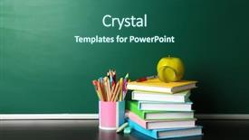  Presentation with school desk - PPT theme with classroom - school books on desk near background and a ocean colored foreground