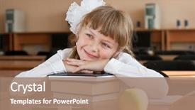  Presentation with school desk - Presentation enhanced with s computer classroom - schoolgirl's portrait at school desk background and a  colored foreground