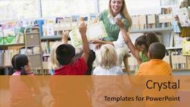  Presentation with class - PPT theme with classroom - students in class volunteering background and a gold colored foreground