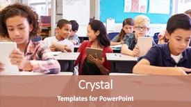  Presentation with school kids - Cool new theme with classroom - teacher among kids with computers backdrop and a coral colored foreground