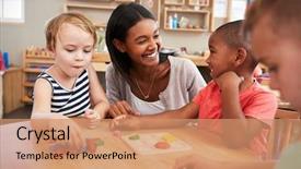  Presentation with montessori - Presentation theme having classroom - teacher and pupils using wooden background and a coral colored foreground