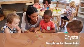  Presentation with shapes - Beautiful slides featuring classroom - teacher and pupils using wooden backdrop and a coral colored foreground