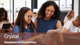  Presentation with teenage - Colorful presentation design enhanced with classroom - teacher helping teenage schoolgirl backdrop and a tawny brown colored foreground