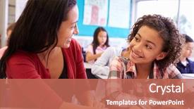  Presentation with elementary school career day and technology and black female teacher - PPT theme consisting of classroom - teacher working with elementary school background and a coral colored foreground