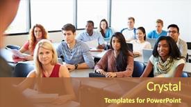  Presentation with digital university - PPT theme featuring classroom - university students using digital tablet background and a red colored foreground