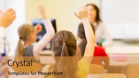  Presentation with elementary school - Slide deck consisting of classroom and raising hands background and a gold colored foreground
