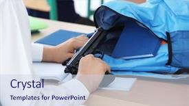  Presentation with school desk - Audience pleasing theme consisting of classroom and taking gun backdrop and a sky blue colored foreground