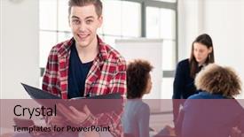  Presentation with cheerful - Slides having classroom at college or university background and a violet colored foreground