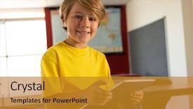  Presentation with front desk - Cool new slide deck with classroom at elementary school backdrop and a gold colored foreground