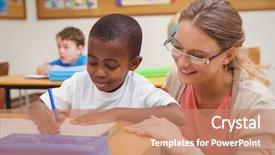  Presentation with elementary school - PPT theme consisting of classroom at the elementary school background and a coral colored foreground