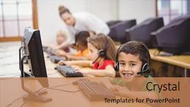  Presentation with diverse elementary students in classroom - Slide deck consisting of classroom at the elementary school background and a coral colored foreground