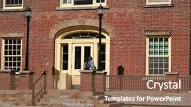  Presentation with university building - Slide set enhanced with classroom door - student entering main building background and a  colored foreground