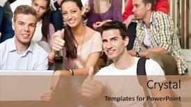  Presentation with stairs - Theme featuring frame of autumn yellow leaves background and a cyan colored foreground