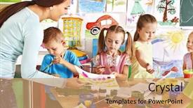  Presentation with school children - Presentation design with happy children with teacher at school background and a coral colored foreground