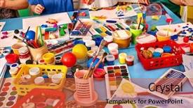  Presentation with art exhibition - Beautiful presentation design featuring classroom objects - kindergarten tables with painting brush backdrop and a red colored foreground