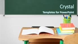  Presentation with wooden desk cup - Slide set consisting of classroom objects - wooden desk with stationery background and a ocean colored foreground