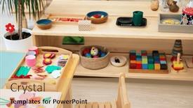  Presentation with montessori - PPT theme featuring classroom-of-montessori-kindergarten background and a coral colored foreground