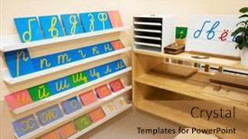  Presentation with montessori - PPT theme featuring classroom-of-montessori-kindergarten background and a gold colored foreground