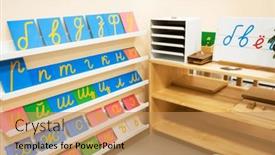  Presentation with montessori - Presentation theme featuring classroom-of-montessori-kindergarten background and a coral colored foreground