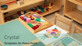  Presentation with montessori - Slide set having classroom-of-montessori-kindergarten background and a mint green colored foreground