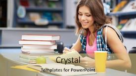  Presentation with university library - Audience pleasing presentation theme consisting of classroom reading - beautiful female student backdrop and a soft green colored foreground