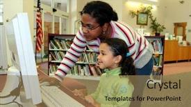  Presentation with library - Presentation theme with classroom reading - child in a school library background and a coral colored foreground