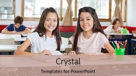  Presentation with cute - Audience pleasing PPT theme consisting of classroom reading - portrait of cute happy schoolgirls backdrop and a  colored foreground