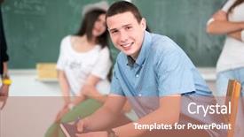  Presentation with high school diversity - PPT theme having classroom surrounded with his jumping background and a coral colored foreground
